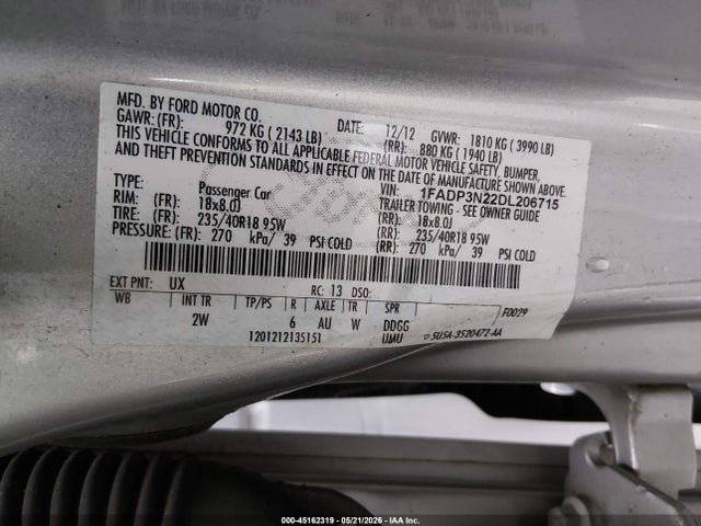 2013 Ford Focus Titanium მანქანა იყიდება აუქციონზე, vin: 1FADP3N22DL206715, აუქციონის ნომერი: 45162319