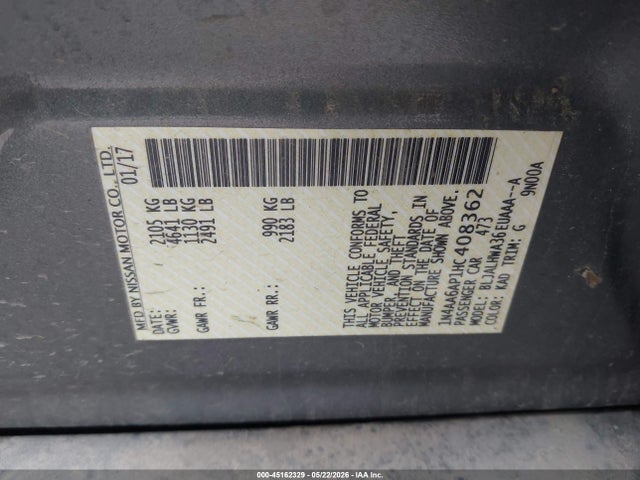 Aukcja sprzedaży 2017 Nissan Maxima 3.5 Platinum, vin: 1N4AA6AP1HC408362, numer aukcji: 45162329