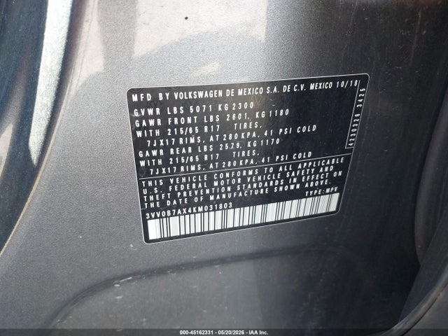 Продажа на аукционе авто 2019 Volkswagen Tiguan 2.0t S, vin: 3VV0B7AX4KM031803, номер лота: 45162331