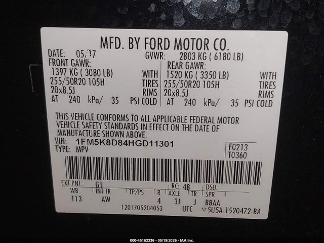 Продаж на аукціоні авто 2017 Ford Explorer Xlt, vin: 1FM5K8D84HGD11301, номер лоту: 45162336
