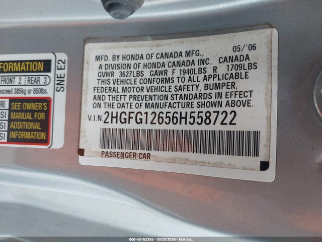 Продажа на аукционе авто 2006 Honda Civic Lx, vin: 2HGFG12656H558722, номер лота: 45162355