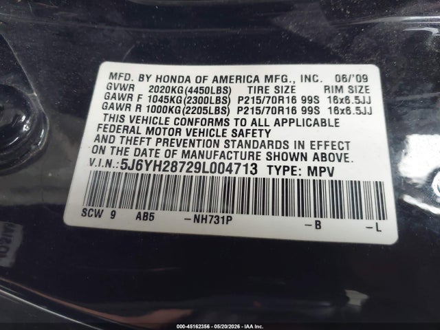 2009 Honda Element Ex მანქანა იყიდება აუქციონზე, vin: 5J6YH28729L004713, აუქციონის ნომერი: 45162356