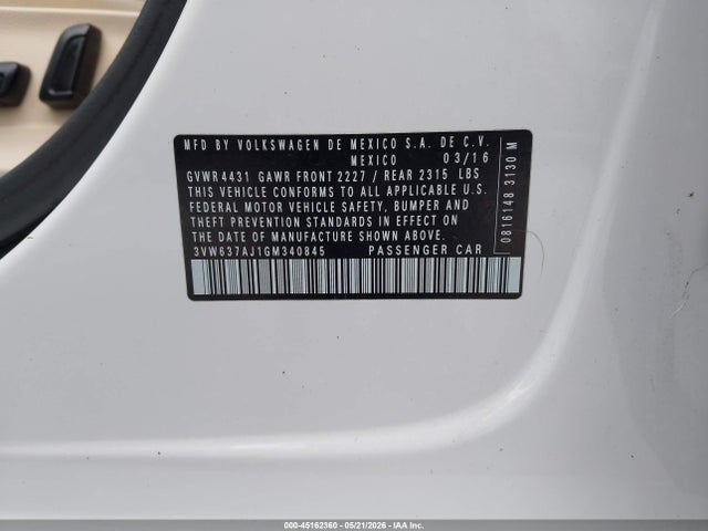 2016 Volkswagen Jetta Hybrid Sel Premium მანქანა იყიდება აუქციონზე, vin: 3VW637AJ1GM340845, აუქციონის ნომერი: 45162360