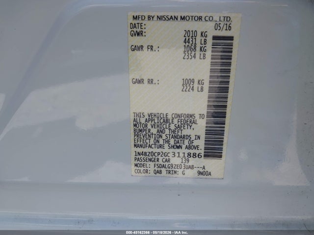 1N4BZ0CP2GC311886 Nissan Leaf Sl