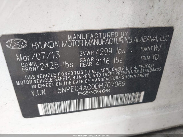 45162369 :رقم المزاد ، 5NPEC4AC0DH707069 vin ، 2013 Hyundai Sonata Limited مزاد بيع