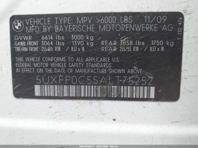 45162371 :رقم المزاد ، 5UXFF0C55ALT75252 vin ، 2010 Bmw X5 Xdrive35d مزاد بيع