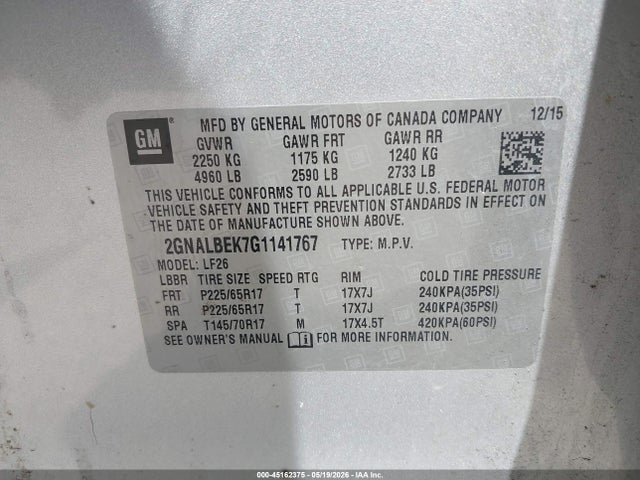 Продажа на аукционе авто 2016 Chevrolet Equinox Ls, vin: 2GNALBEK7G1141767, номер лота: 45162375