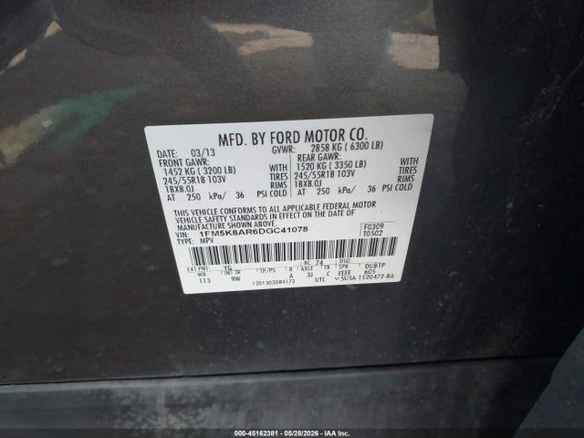 45162381 :رقم المزاد ، 1FM5K8AR6DGC41078 vin ، 2013 Ford Utility Police Interceptor مزاد بيع