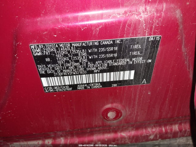 45162390 :رقم المزاد ، 2T3DFREV2FW321633 vin ، 2015 Toyota Rav4 Limited مزاد بيع