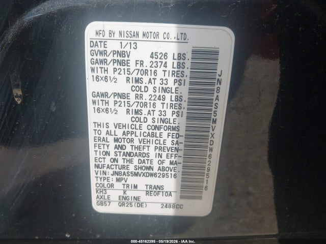 45162395 :رقم المزاد ، JN8AS5MVXDW629516 vin ، 2013 Nissan Rogue S مزاد بيع