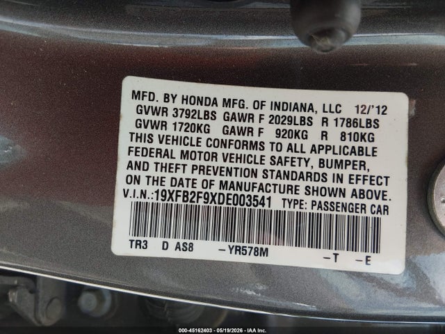 Продаж на аукціоні авто 2013 Honda Civic Ex-l, vin: 19XFB2F9XDE003541, номер лоту: 45162403