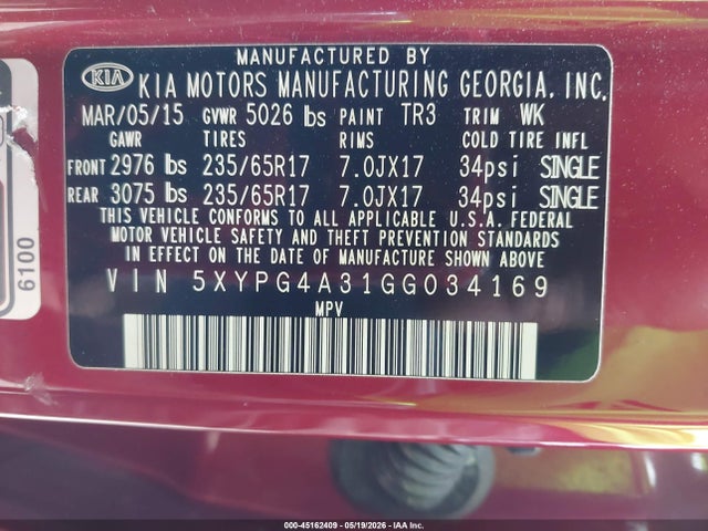5XYPG4A31GG034169 KIA Sorento 2.4l Lx