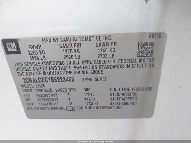 Продаж на аукціоні авто 2011 Chevrolet Equinox 1lt, vin: 2CNALDEC1B6223465, номер лоту: 45162411