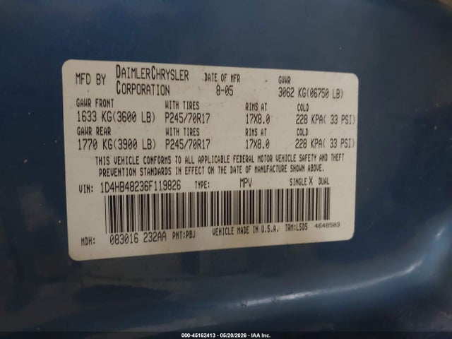 Aukcja sprzedaży 2006 Dodge Durango Slt, vin: 1D4HB48236F119826, numer aukcji: 45162413
