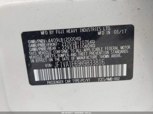 45162417 :رقم المزاد ، JF1VA1E69H9833816 vin ، 2017 Subaru Wrx Premium مزاد بيع