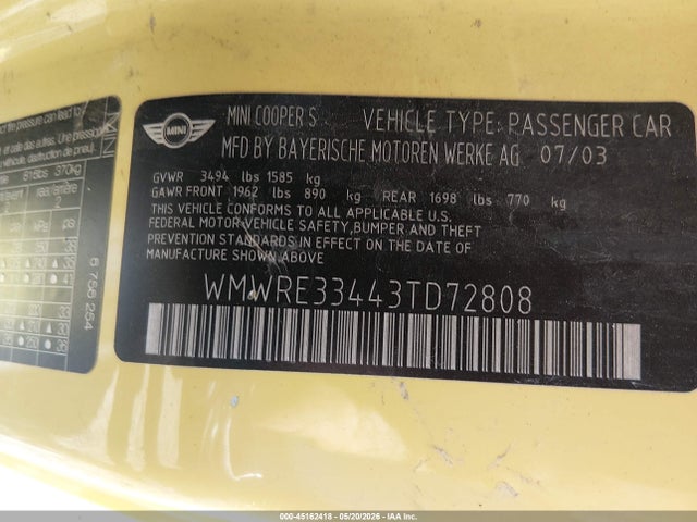 Aukcja sprzedaży 2003 Mini Cooper S, vin: WMWRE33443TD72808, numer aukcji: 45162418