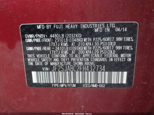 Продаж на аукціоні авто 2015 Subaru Forester 2.5i, vin: JF2SJABC2FH432734, номер лоту: 45162419