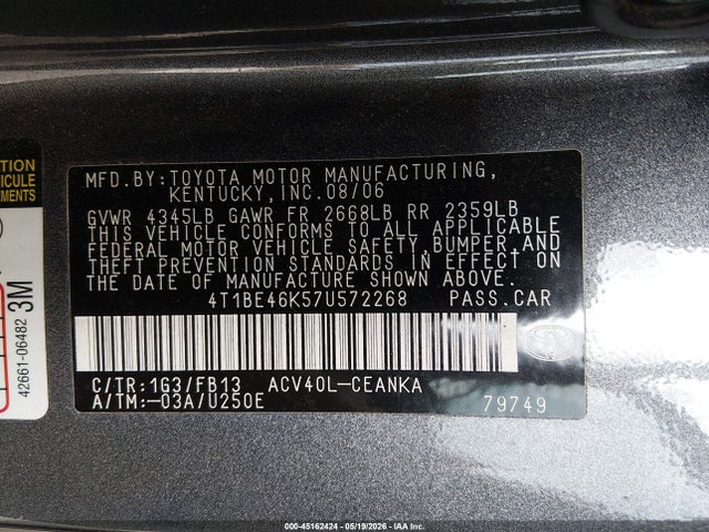 45162424 :رقم المزاد ، 4T1BE46K57U572268 vin ، 2007 Toyota Camry Le مزاد بيع