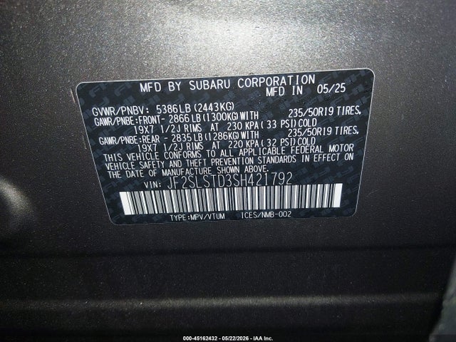 Aukcja sprzedaży 2025 Subaru Forester Touring Hybrid, vin: JF2SLSTD3SH421792, numer aukcji: 45162432