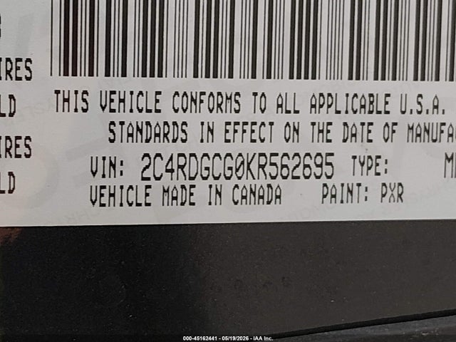 45162441 :رقم المزاد ، 2C4RDGCG0KR562695 vin ، 2019 Dodge Grand Caravan Sxt مزاد بيع