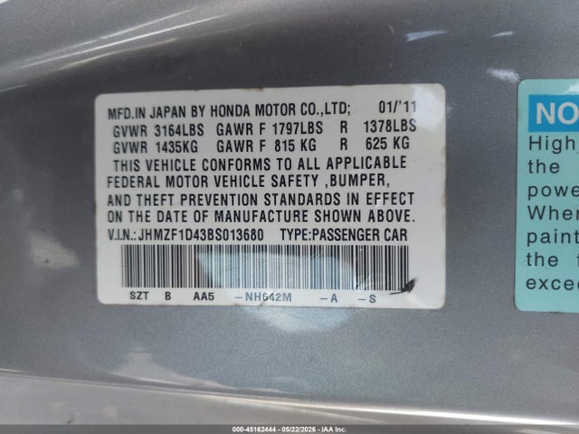 Aukcja sprzedaży 2011 Honda Cr-z, vin: JHMZF1D43BS013680, numer aukcji: 45162444