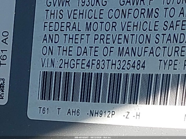 45162447 :رقم المزاد ، 2HGFE4F83TH325484 vin ، 2026 Honda Civic Hybrid Sport/sport Touring مزاد بيع