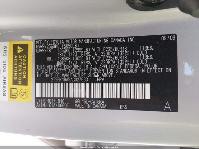 45162457 :رقم المزاد ، 2T2BK1BA5AC027633 vin ، 2010 Lexus Rx 350 مزاد بيع