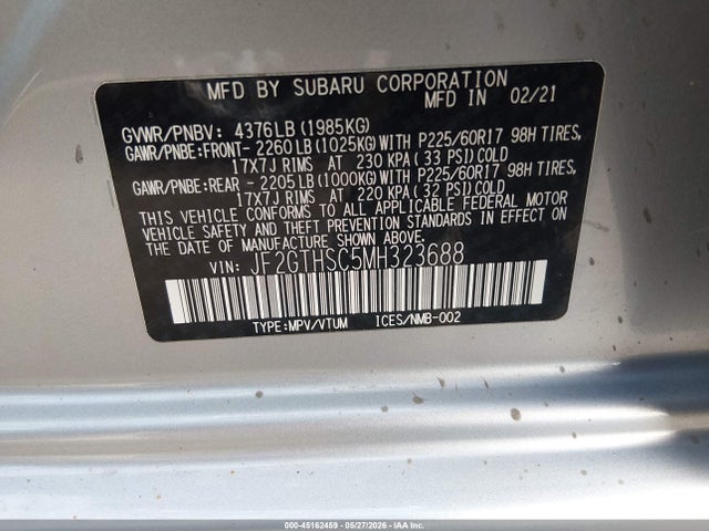 2021 Subaru Crosstrek Sport მანქანა იყიდება აუქციონზე, vin: JF2GTHSC5MH323688, აუქციონის ნომერი: 45162459