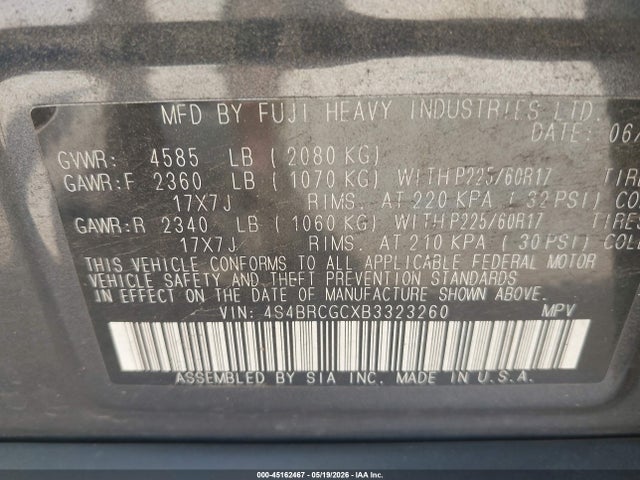 Aukcja sprzedaży 2011 Subaru Outback 2.5i Premium, vin: 4S4BRCGCXB3323260, numer aukcji: 45162467