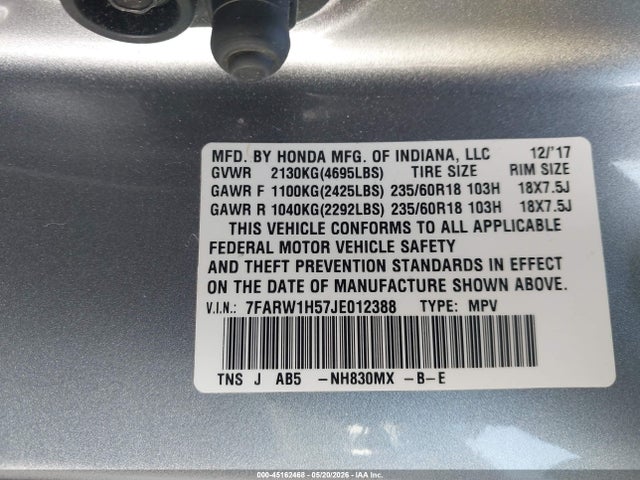 2018 Honda Cr-v Ex მანქანა იყიდება აუქციონზე, vin: 7FARW1H57JE012388, აუქციონის ნომერი: 45162468