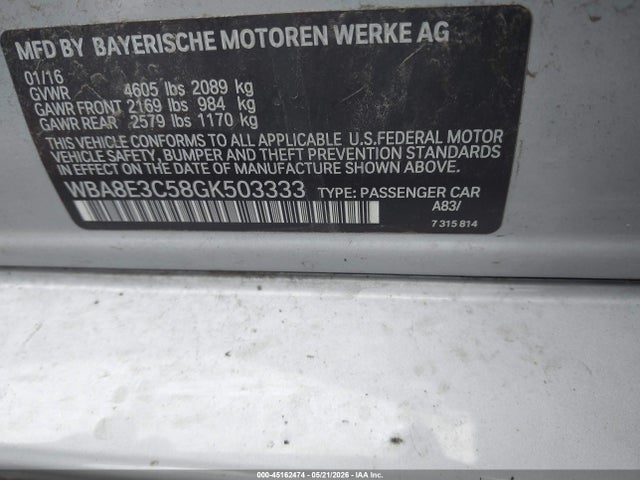 Aukcja sprzedaży 2016 Bmw 328i Xdrive, vin: WBA8E3C58GK503333, numer aukcji: 45162474