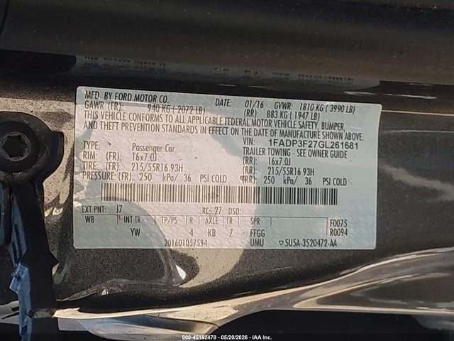 45162478 :رقم المزاد ، 1FADP3F27GL261681 vin ، 2016 Ford Focus Se مزاد بيع