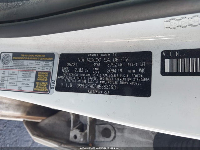 Продажа на аукционе авто 2021 Kia Forte Lxs, vin: 3KPF24AD6ME383193, номер лота: 45162479