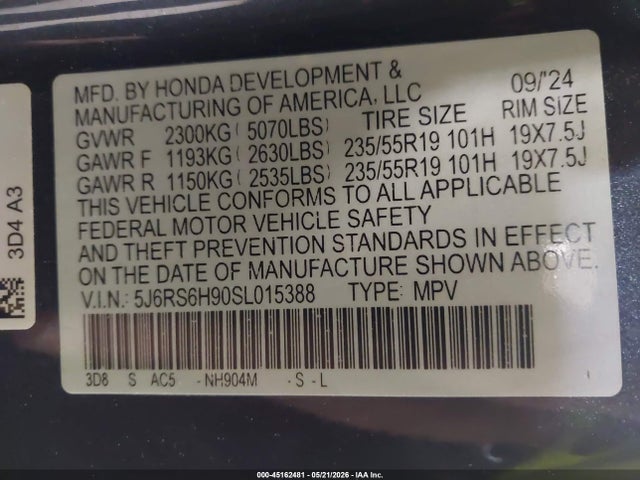2025 Honda Cr-v Hybrid Sport Touring მანქანა იყიდება აუქციონზე, vin: 5J6RS6H90SL015388, აუქციონის ნომერი: 45162481