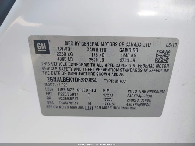 Aukcja sprzedaży 2013 Chevrolet Equinox Ls, vin: 2GNALBEK1D6383954, numer aukcji: 45162497