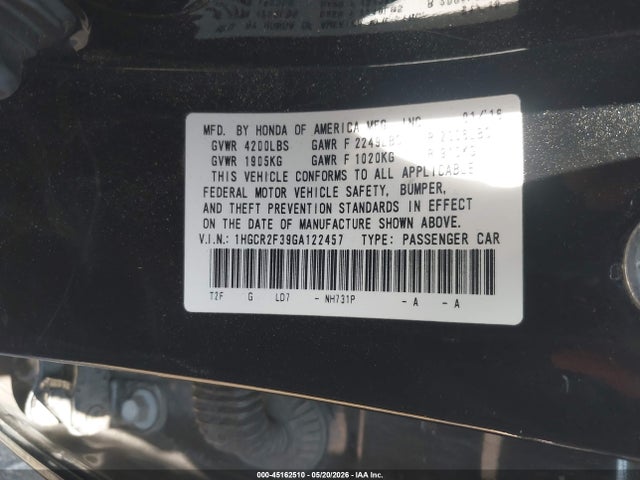 Aukcja sprzedaży 2016 Honda Accord Lx, vin: 1HGCR2F39GA122457, numer aukcji: 45162510
