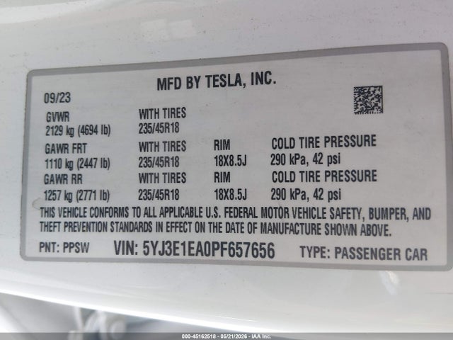 45162518 :رقم المزاد ، 5YJ3E1EA0PF657656 vin ، 2023 Tesla Model 3 Rear-wheel Drive مزاد بيع