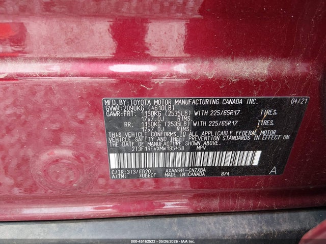 Aukcja sprzedaży 2021 Toyota Rav4 Le, vin: 2T3F1RFVXMW195458, numer aukcji: 45162522