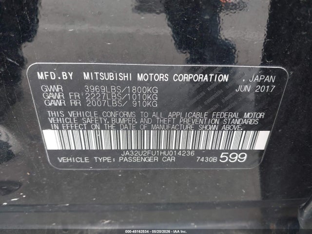 JA32U2FU1HU014236 Mitsubishi Lancer Le