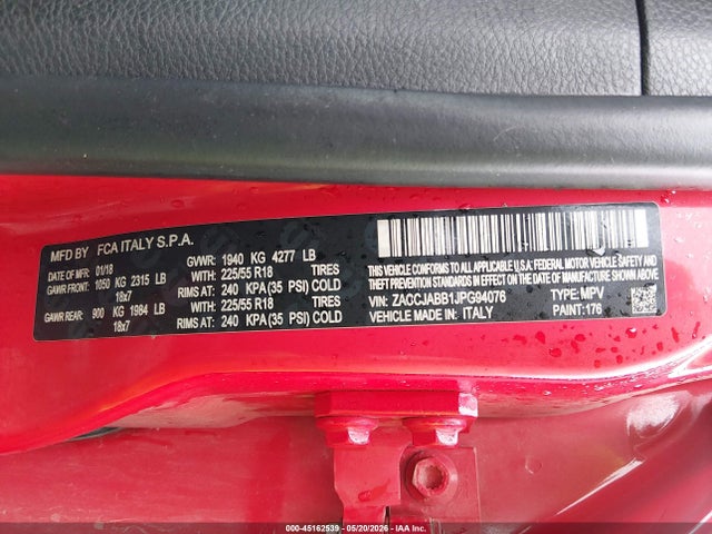 45162539 :رقم المزاد ، ZACCJABB1JPG94076 vin ، 2018 Jeep Renegade Latitude Fwd مزاد بيع