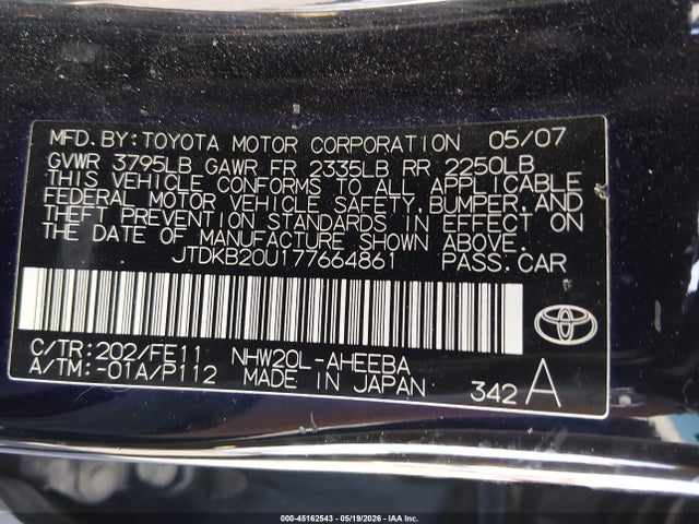 45162543 :رقم المزاد ، JTDKB20U177664861 vin ، 2007 Toyota Prius مزاد بيع