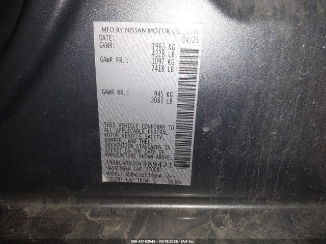 2025 Nissan Altima Sv Fwd მანქანა იყიდება აუქციონზე, vin: 1N4BL4DV3SN389421, აუქციონის ნომერი: 45162545