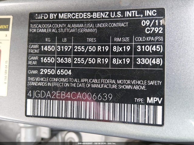 45162557 :رقم المزاد ، 4JGDA2EB4CA006639 vin ، 2012 Mercedes-benz Ml 350 Bluetec 4matic مزاد بيع