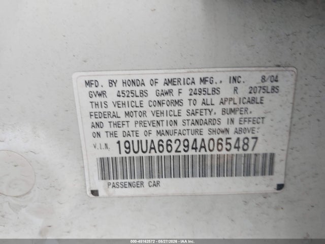 45162572 :رقم المزاد ، 19UUA66294A065487 vin ، 2004 Acura Tl مزاد بيع