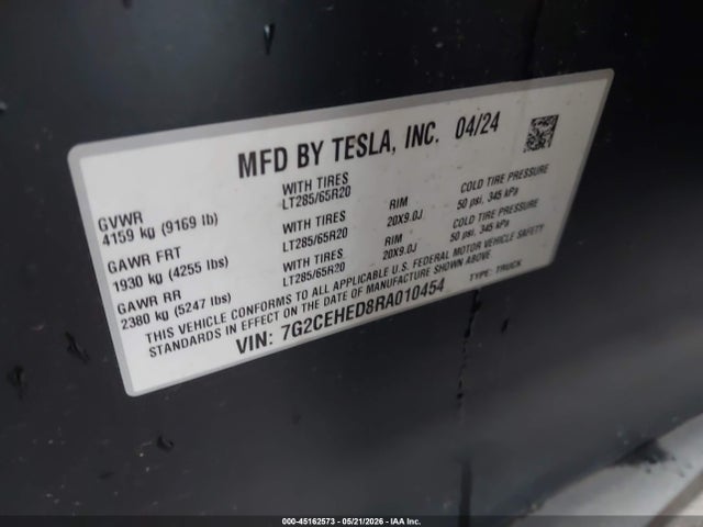 2024 Tesla Cybertruck All-wheel Drive მანქანა იყიდება აუქციონზე, vin: 7G2CEHED8RA010454, აუქციონის ნომერი: 45162573