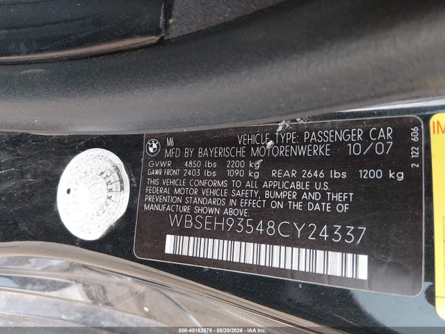 Aukcja sprzedaży 2008 Bmw M6, vin: WBSEH93548CY24337, numer aukcji: 45162578