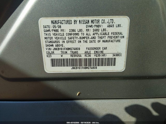 2008 Infiniti G35x მანქანა იყიდება აუქციონზე, vin: JNKBV61FX8M274809, აუქციონის ნომერი: 45162580
