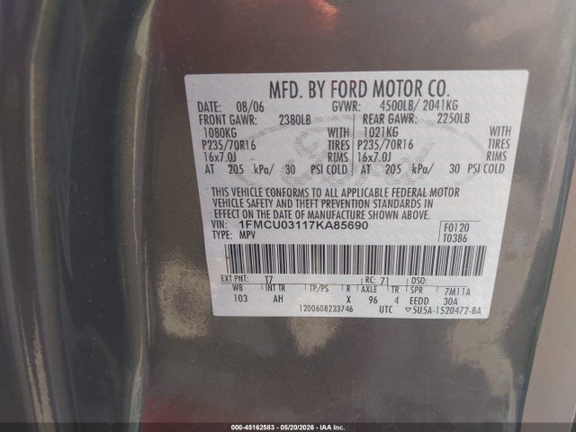 Aukcja sprzedaży 2007 Ford Escape Xlt/xlt Sport, vin: 1FMCU03117KA85690, numer aukcji: 45162583