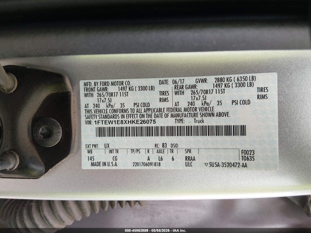 Продаж на аукціоні авто 2017 Ford F-150 Xl, vin: 1FTEW1E8XHKE26075, номер лоту: 45162599