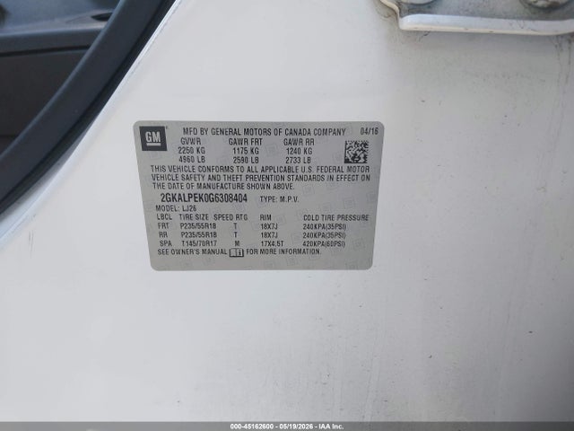 45162600 :رقم المزاد ، 2GKALPEK0G6308404 vin ، 2016 Gmc Terrain Slt مزاد بيع